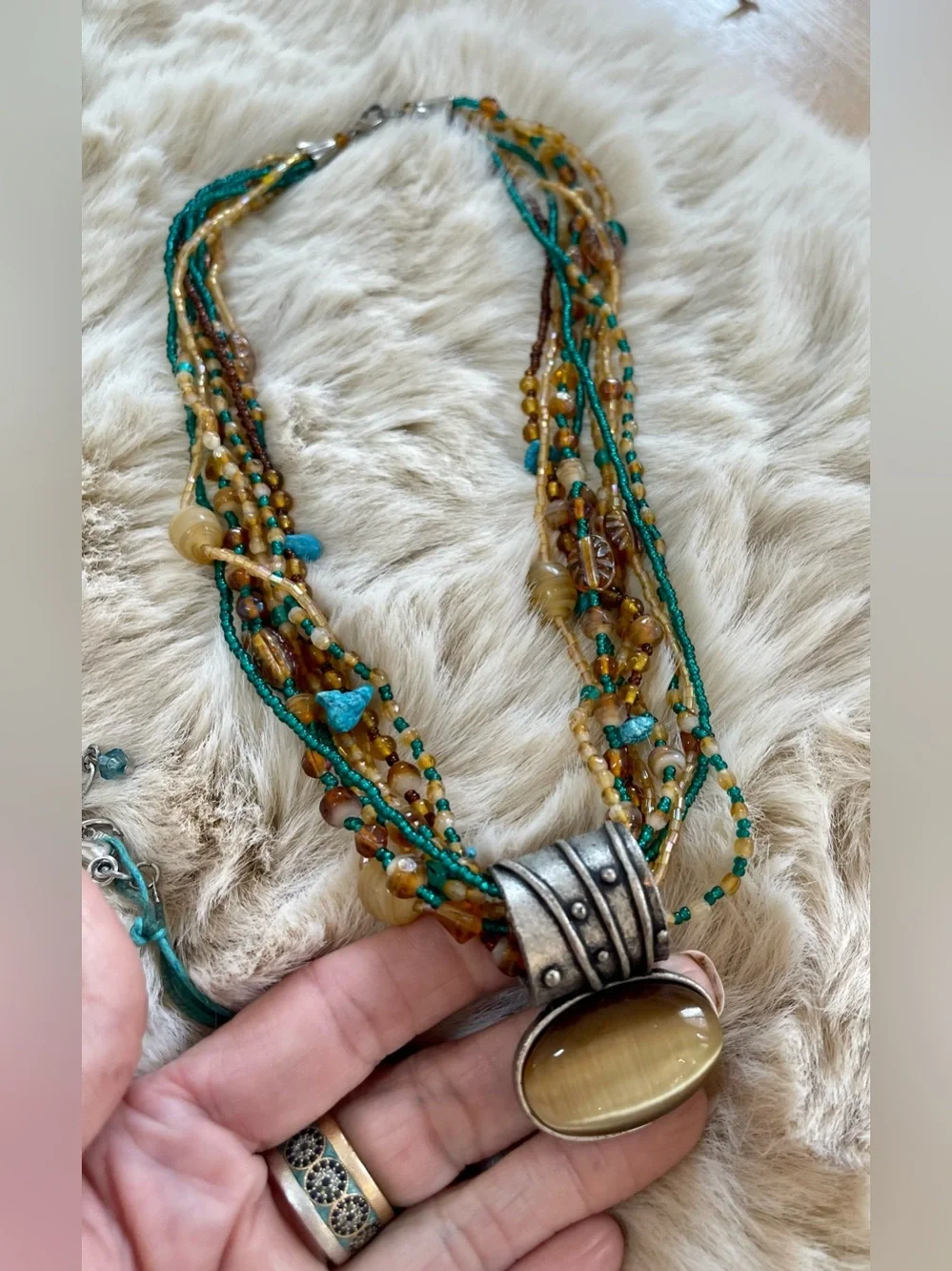 3 Multi-Strand Beaded Necklaces Set in Teal and Amber, multi stones